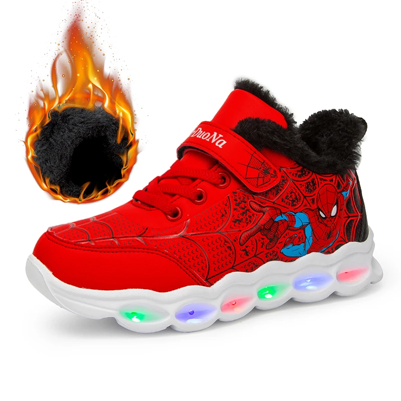 Модная детская обувь с рисунком Человека-паука для мальчиков; светильник из сетчатого материала; Детские светящиеся Сникерсы для мальчиков и девочек; Светодиодный светильник; спортивная обувь; 25-35 - Цвет: red big cotton
