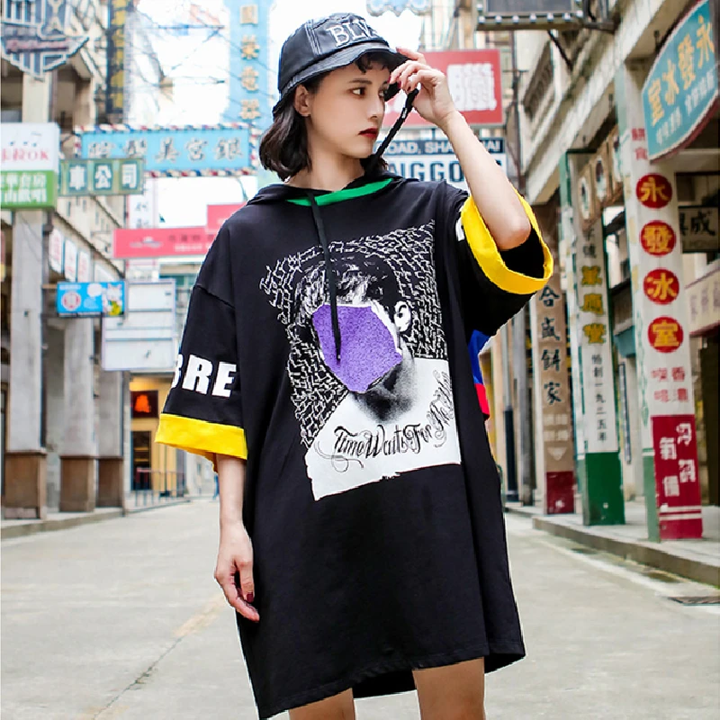 

2020 New Summer Women Hooded Collar Short Sleeve Loose Plus Size Hoodies Female Fashion High Quality Cotton Printing Tops QX85