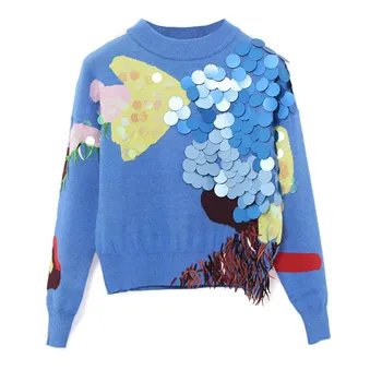 

tiktok sweater women fashion color block patchwork big sequines decoration chic pullover o neck short sweaters knitting tops