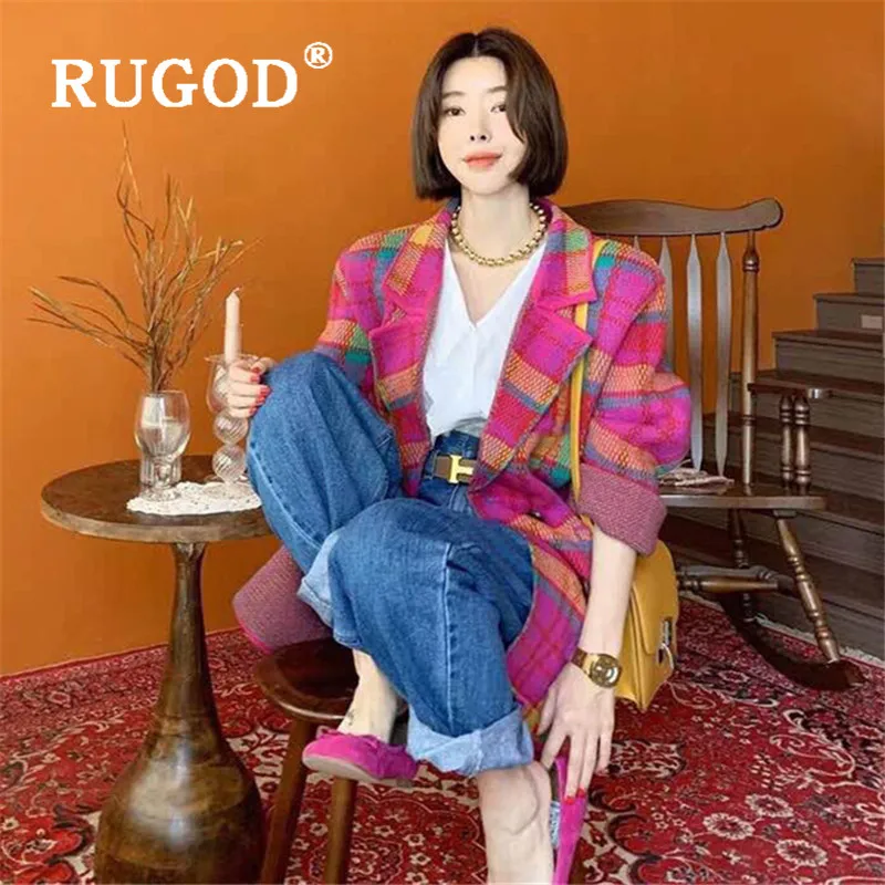 RUGOD модное ярко-розовое зеленое клетчатое вязаное пальто для женщин элегантный зубчатый воротник двубортный длинный жакет осеннее зимнее пальто