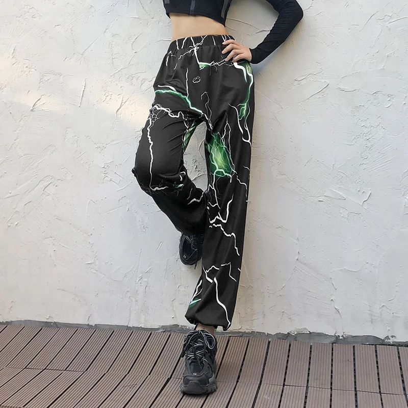 Weekeep Lighting Print Streetwear High Waist Pants Women Elastic Waist Pencil Pants Fashion Pantalon Femme Trousers