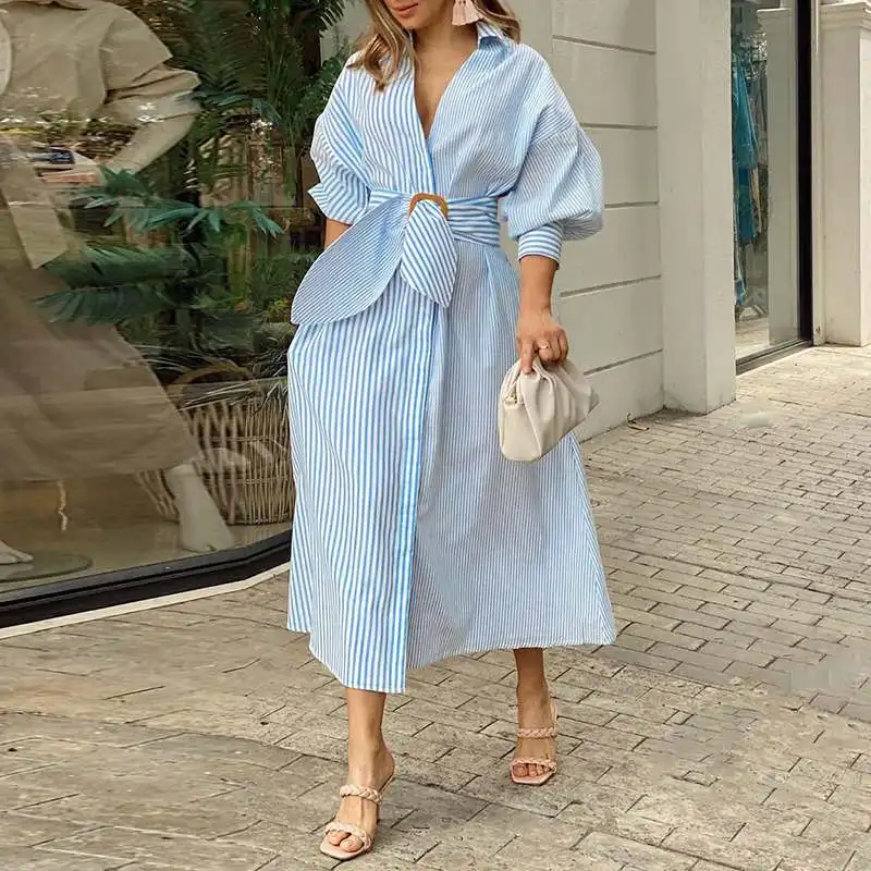 Striped Shirt Dress 2021 VONDA Women Vintage 3/4 Sleeve Lapel Neck Belted Dress Holiday Party Striped Long Vestidos Oversized Striped Shirt Dress 2021 VONDA Women Vintage 3/4 Sleeve Lapel Neck Belted Dress Holiday Party Striped Long Vestidos Oversized