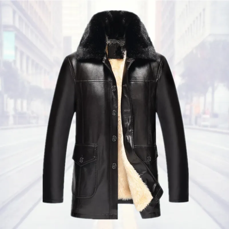 Winter New Style Men PU Leather Coat Middle-aged Men'S Wear Business Casual Fur Leather Coat