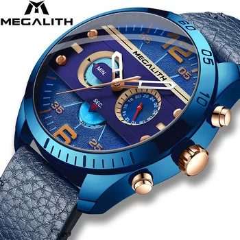 

MEGALITH Luxury Brand Watches Men Fashion Waterproof Military Sport Watches Blue Leather Strap Quartz Wristwatches Reloj Hombre