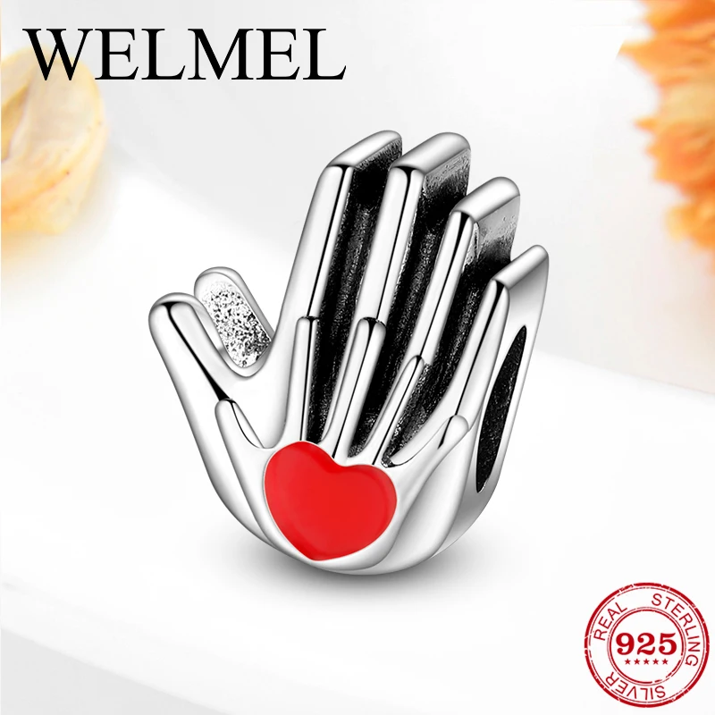 

100% 925 Sterling Silver Warm and loving palm Red Enamel Heart Bead Fit Original Pandora Charm Bracelet Fine Jewelry Gift