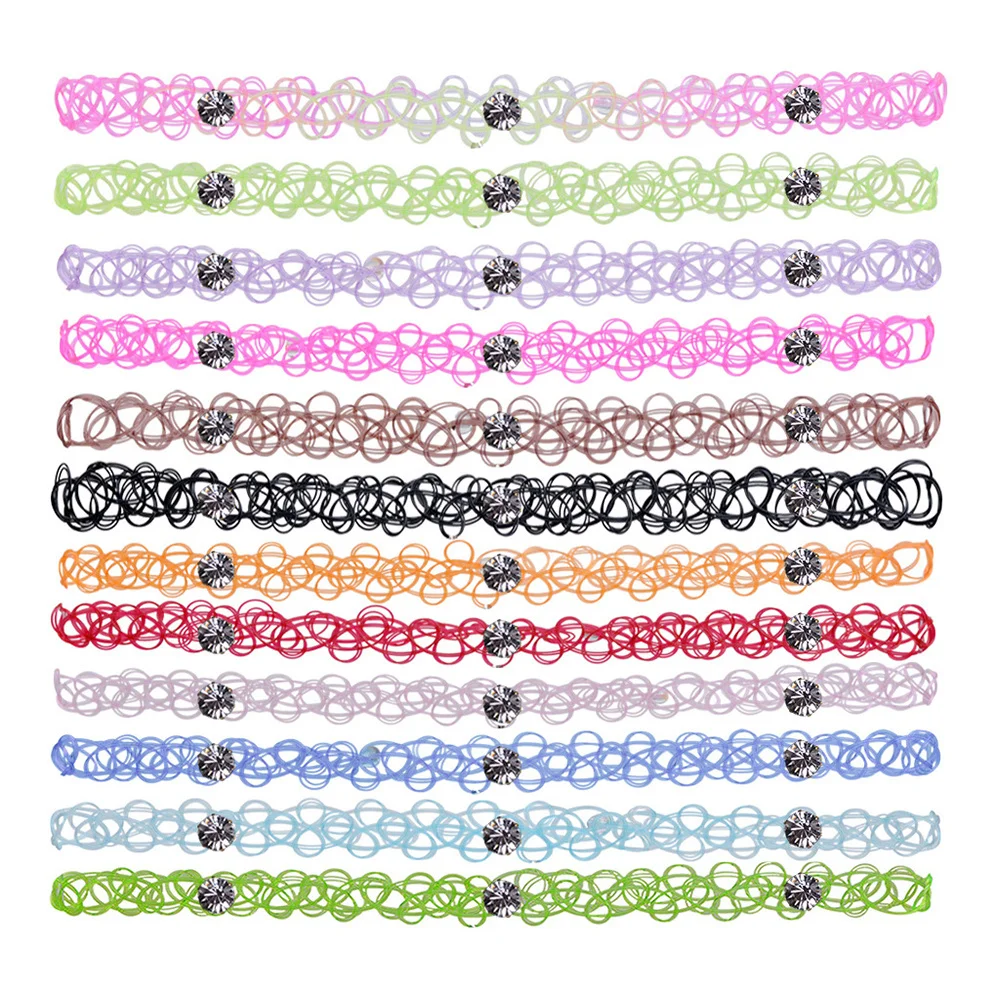 12Pcs/Set Vintage Tattoo Rainbow Chokers Gothic Punk Elastic Hollow Necklace Retro Pendants Women Jewelry Party Wear for Girls