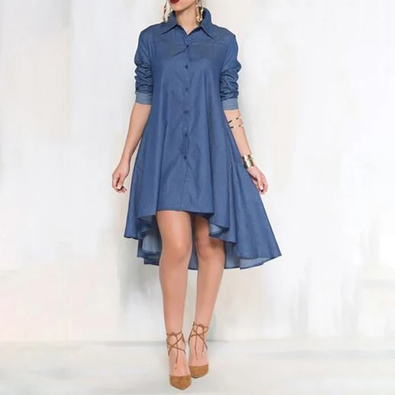 

New Autumn Dress Women Jeans Dress Office Lady Denim Dress Casual Irregular Length Long Sleeve Buttons Dresses Vestidos