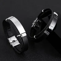 Leather Bracelet Blank For Engrave Stainless Steel Plate To Engrave Layer Leather Bracelet Bangles For Men Wholesale 10pcs 1