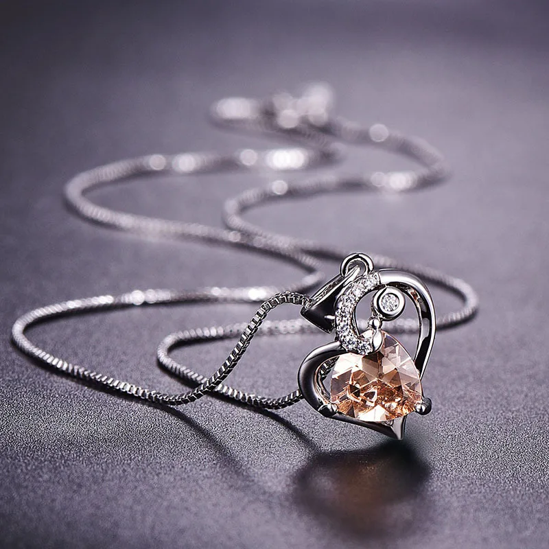 PANSYSEN блестящее сердце кулон ожерелье s для женщин 925 из стерлингового серебра, рубиновое Аквамарин драгоценный камень прекрасное ювелирное ожерелье - Цвет камня: Champagne