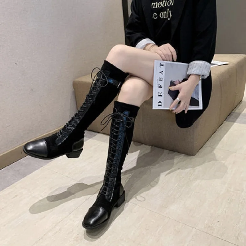 2019 winter new women's fashion boots comfortable warm plus velvet front lace up high tube square toe non-slip women's boots