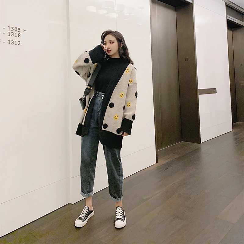 New Autumn Fashion Women Shirts Knitting Loose A Lazy Wind Sweater Blouse Shirt Apricot Smoke Grey F7880