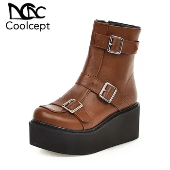 

CoolCept Plus Size 33-46 Ankle Boots Women Gothic Metal Buckle Casual Chunky Heels Shoes Women Winter Warm Zipper Platform Boots