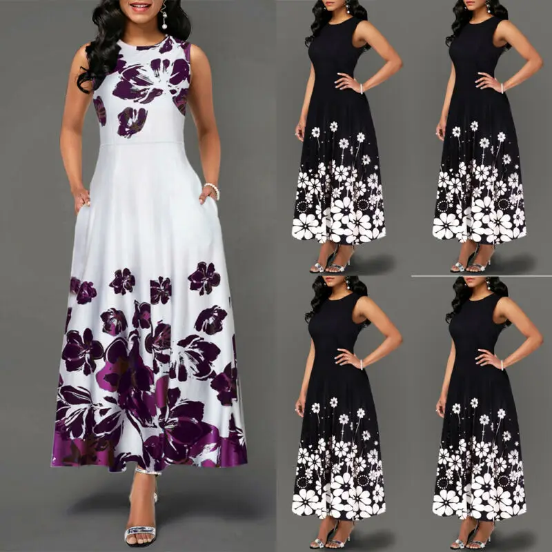 Large Size Elegant Women's Floral Print Long Maxi Dress Evening Party Beach Dress Summer Sleeveless Long Flower Sundress Costume
