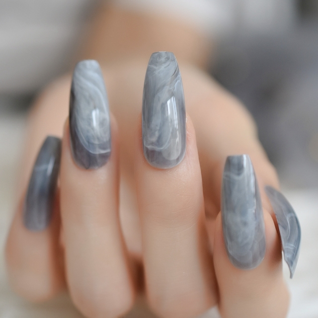 Long STILETTO False Nails Pre-designed Curved Pink Marble Press On Nails including glue sticker