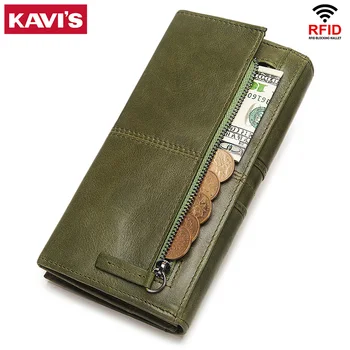 

KAVIS Genuine Leather Women Multifunction Clutch Wallet Female Coin Purse Portomonee Clamp For Phone Bag Long Handy Money Bag