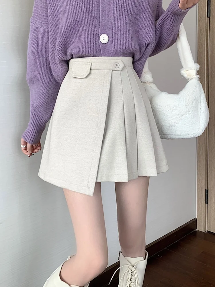 Woolen skirt women's autumn and winter 2021 design pure color pleated high waist A-shaped short Nuyoah | Женская одежда