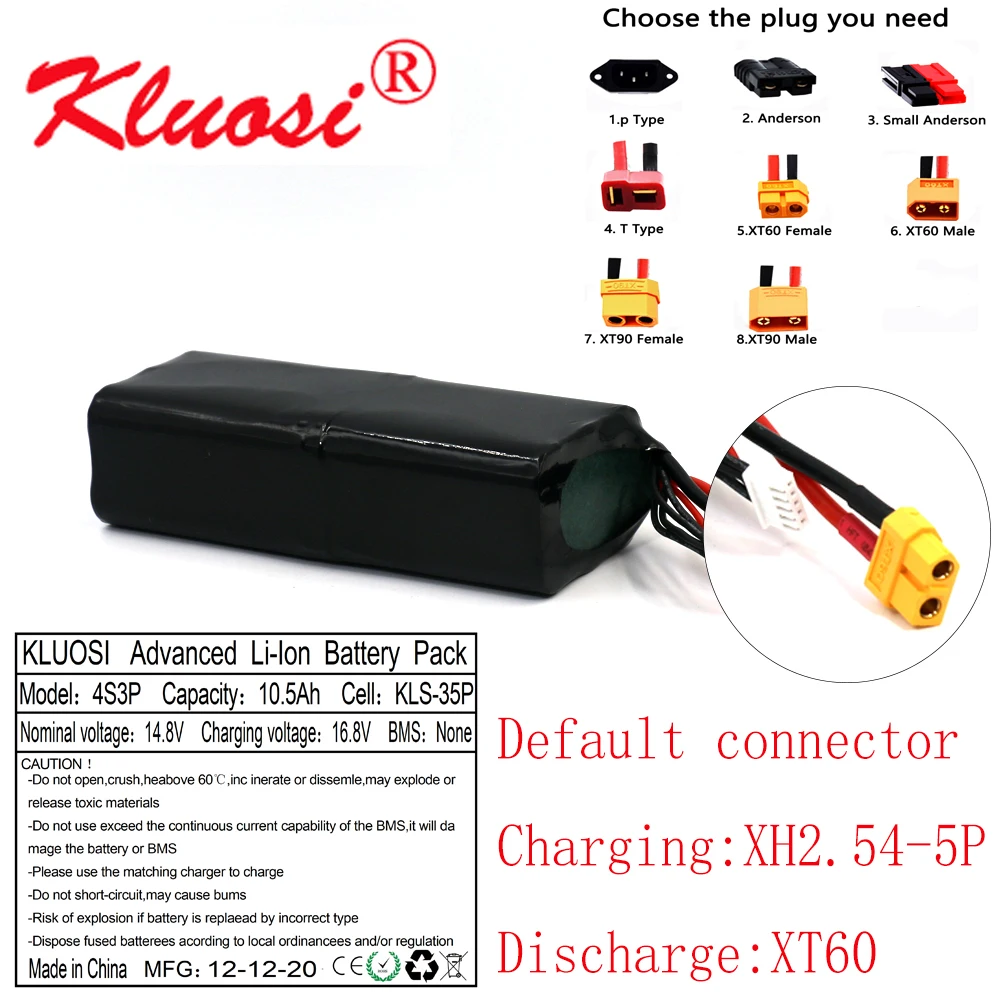 KLUOSI 16.8V Li-ion Battery 14.8V 10.5Ah 10Ah 4S3P High Capacity UAV Rechargeable for Various RC Airplane Drone Quadrotor XT60
