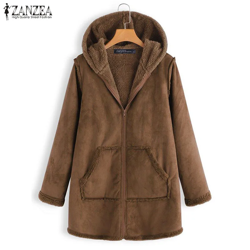 Большие размеры пальто женские повседневные куртки ZANZEA зимний теплый меховой кардиган с подкладкой верхняя одежда с капюшоном длинный рукав молния топы 5XL - Цвет: Coffee