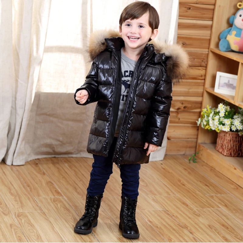 Black Bright Коллекция года, одежда для маленьких девочек зимние пуховые пальто меховая Толстовка Зимние куртки для детей, теплая куртка для мальчиков длинные Детские Зимние костюмы для подростков - Цвет: Black Bright
