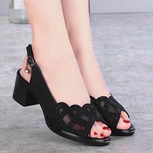 

2021 Trend Women's Sandals Buckle Thick Heel Hollow Soft Bottom Summer Mesh Slipper