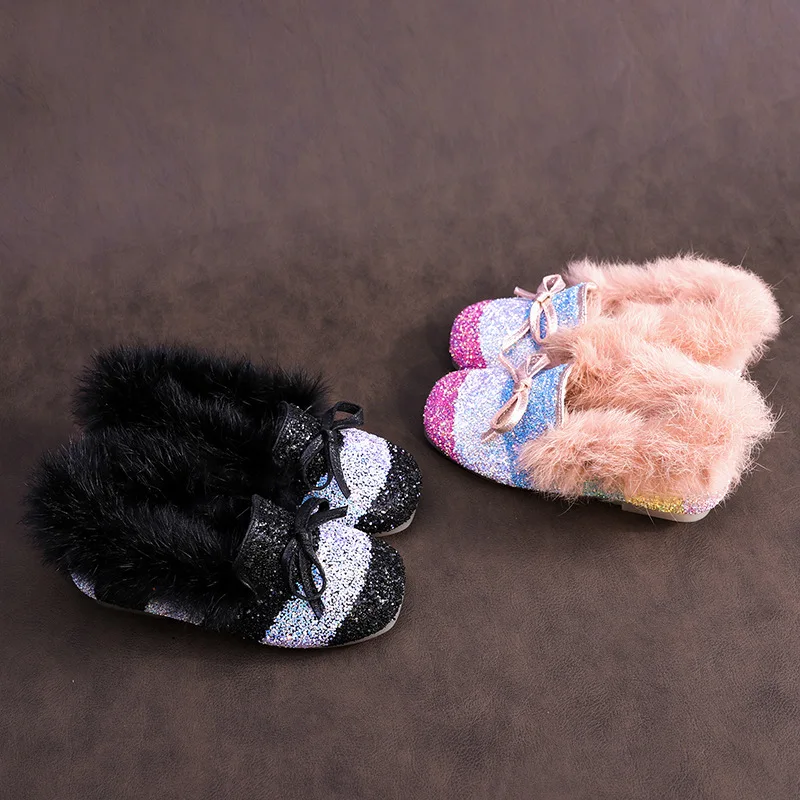Бархатная детская хлопковая обувь; сезон осень-зима; Новинка; меховая обувь с радужными блестками для девочек; уличная одежда; мягкая детская обувь в горошек