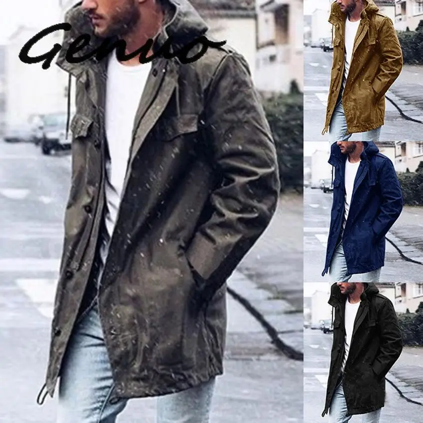 

Genuo New 2019 Men's Casual Trench Solid Coat Casual Male Spring Coat Hooded Outwear Overcoat Outwear Clothes Stylish Coats