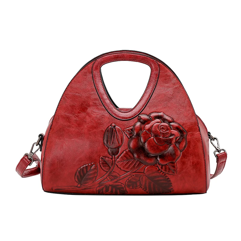 Брендовая женская сумка с принтом розы, женская сумка-тоут, Высококачественная кожаная сумка на плечо, Большая вместительная сумка через плечо для женщин - Цвет: Red-brown