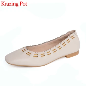 

Krazing pot new full grain leather soft comfortable square toe sweet girls gold line decorations shallow summer women flats L92