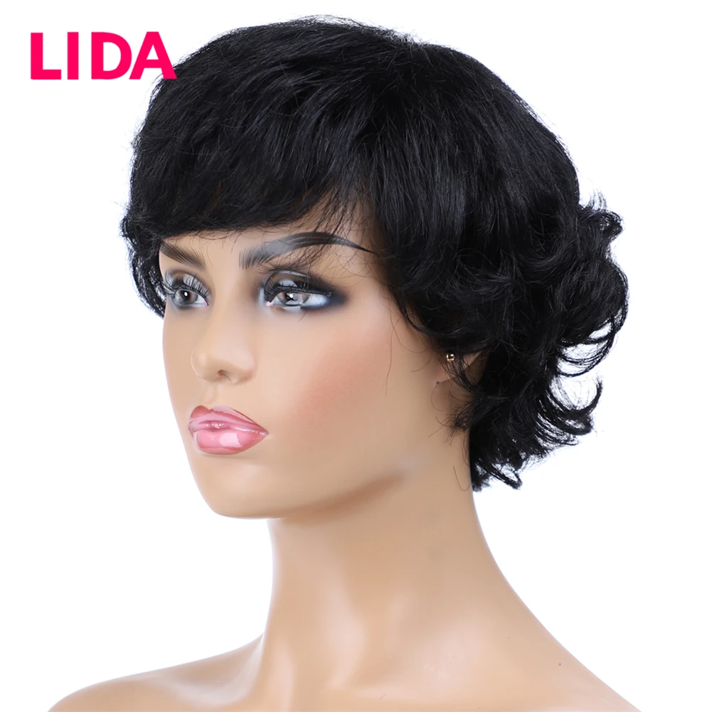 LIDA человеческие волосы короткие парики не Реми бразильские Фунми вьющиеся Полные Искусственные парики 150% плотность 6 дюймов парик для женщин