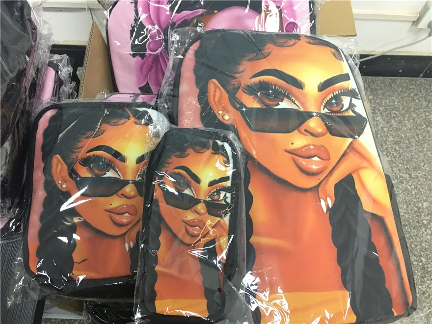 WHEREISART Kids Backpack Girls for School Black Art African Girls Design Bagpack Children 3pcs/set Schoolbag Bookbag Mochila