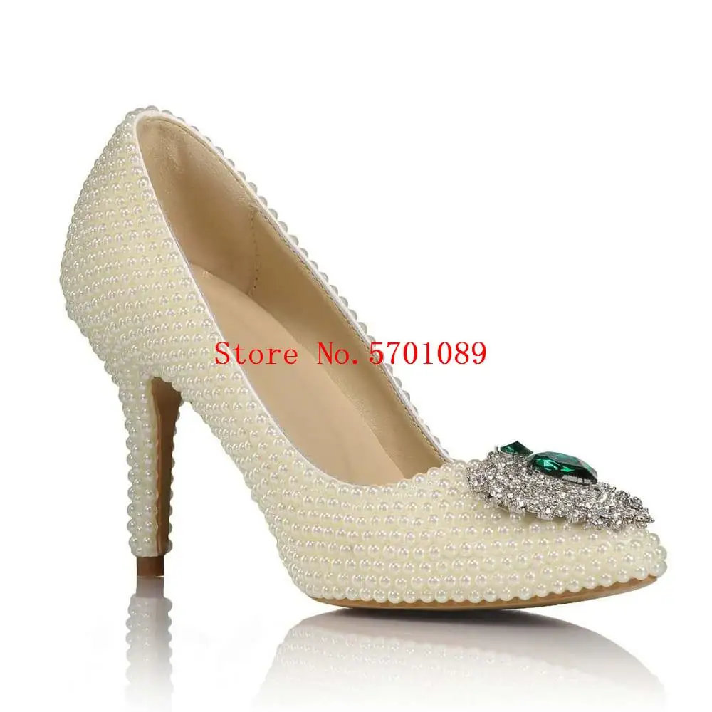 

Wedding Pumps Stiletto High Heel Pearls Shoes Emerald Diamonds Rhinestone Crystal Pointed Toe Bling Bling Pearl Shoes 35-41