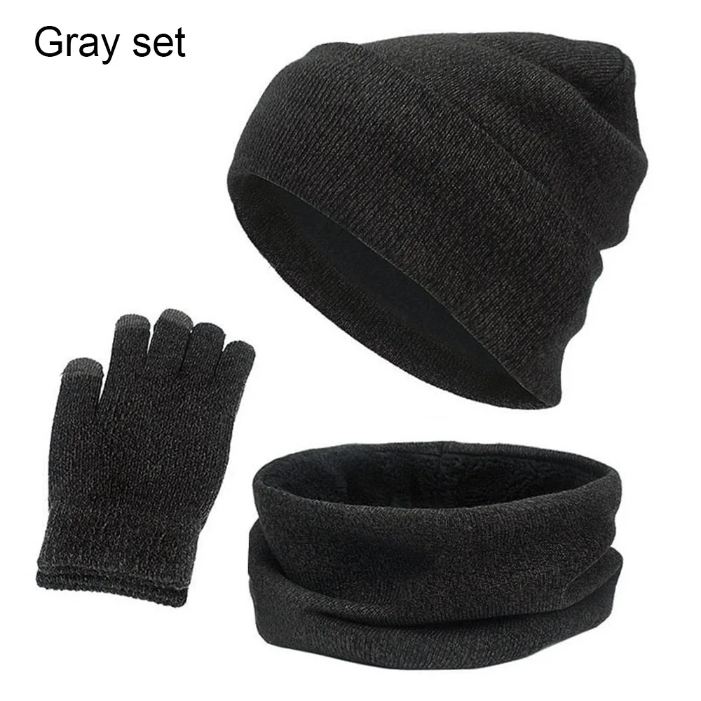 Gray set Зимние теплые шапки и шарфа перчатки Комплект для женщин и мужчин Модная, вязаная Лыжная Шапочка Кепки Флисовый Шарф шею Сенсорный экран перчатки - Цвет: Gray set
