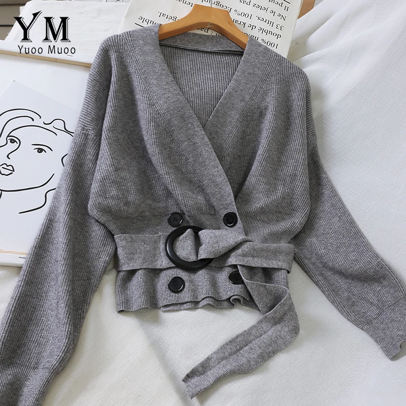 Achat YuooMuoo Ins mode 2019 élégant col en V à double boutonnage ceintures Cardigan femmes automne tricoté Harajuku chandail dames pulls