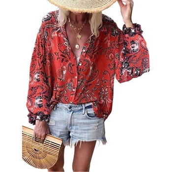 

Floral Print Blouses Woman Sexy V-Neck Button Long Sleeve Shirt Womens Elegant Autumn New Casual Tops Blouse Feminina Plus Size