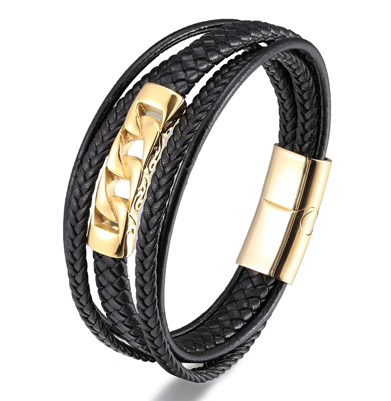 

MKENDN Multilayer Punk Style Design Genuine Leather Bracelet for Men Steel Magnetic Button Christmas Gift Male Bracelets