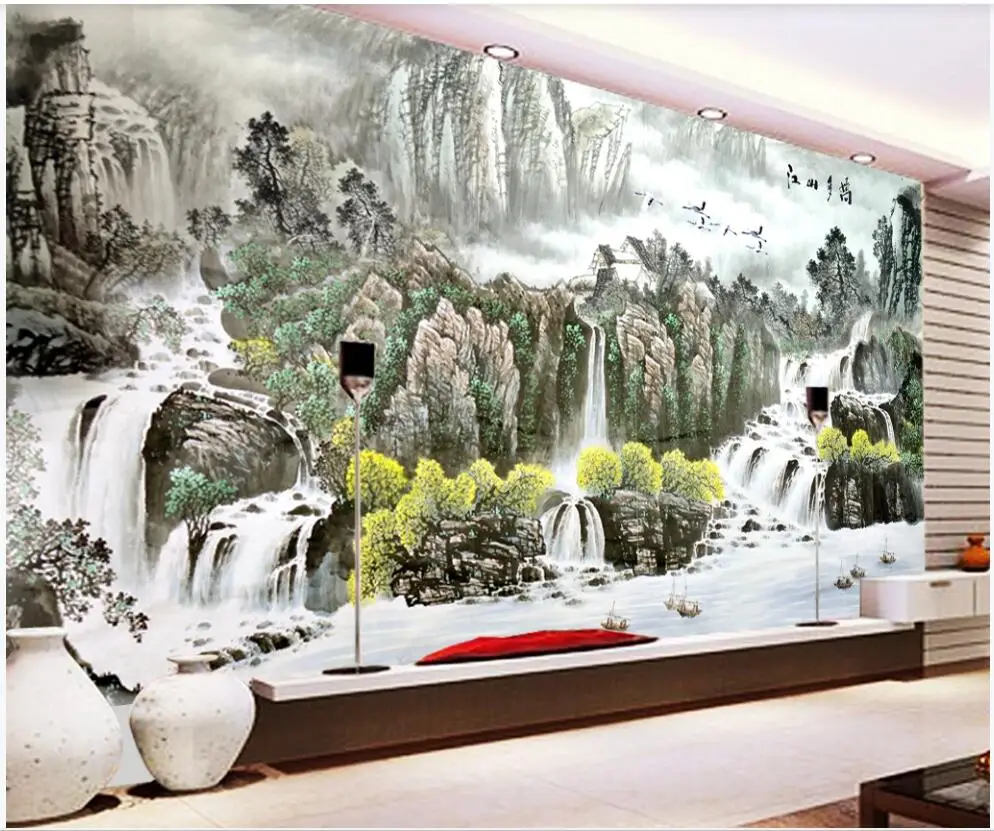 

Custom mural 3d wall mural Chinese style mountain waterfall and flowing water scenery decor photo wallpaper in the living room