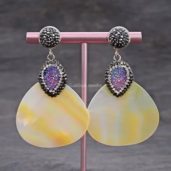 

GG Jewelry 40x45MM Yellow White Mother Of Pearl Shell Purple Quartz Druzy Cz Pave Dangle Stud Earrings
