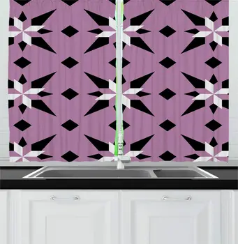 

Mauve Charcoal Grey Bohemian Vintage Kitchen Curtains Consecutive Geometric Abstract Motifs Little Squares Pattern for Kitchen