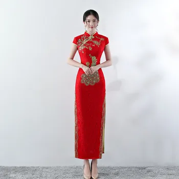 

Sexy High Split Bride Wedding Dress New Lace Sequined Cheongsam Robe De Soiree Slim Toast Clothing Vintage Qipao Gown 4XL