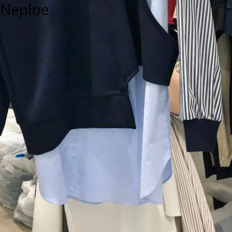 Neploe в Корейском стиле, весна-осень, с круглым вырезом, полоски контрастного цвета, толстовки с капюшоном, асимметричный пуловер с длинными рукавами в стиле пэчворк, свитер 47028