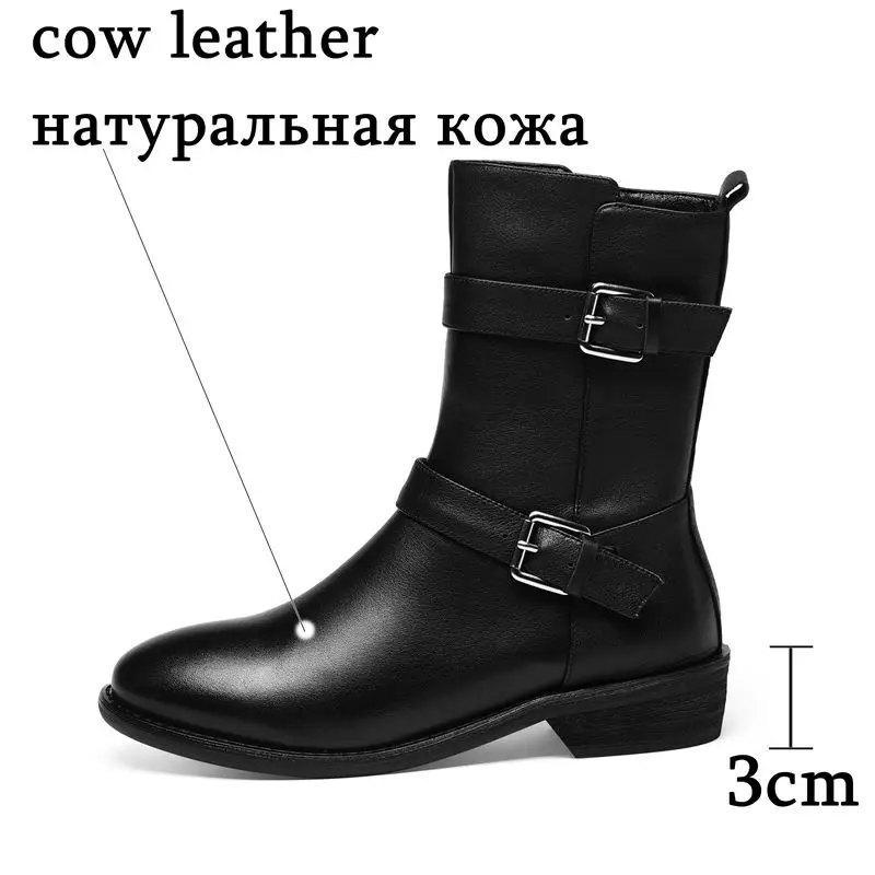 ALLBITEFO/женские ботинки из натуральной кожи; однотонные Модные ботильоны с ремешком и пряжкой; сезон осень-зима; удобные кожаные ботинки