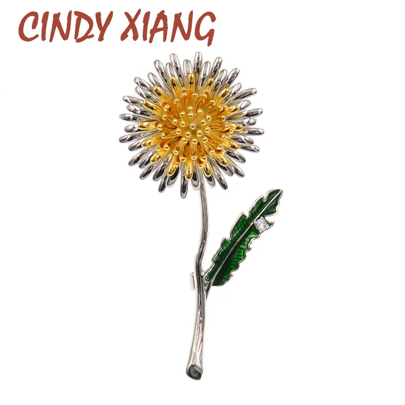 Женская/Мужская эмалированная брошь CINDY XIANG с зеленым листом и желтым одуванчиком