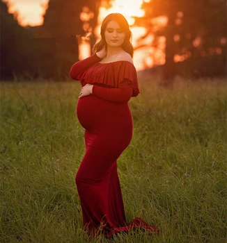 

Baby Shower Long Dress Maternity Photo Shoot Maxi Dress Stretchy Cotton Fitting Long Dress Slash Neck Ruffles Pregnancy Clothes