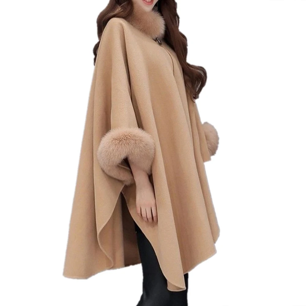 Женский плащ, пальто, воротник из лисьего меха, длинная секция, на одной пуговице, свободное шерстяное пальто, Осень-зима, темпераментная накидка, шаль, пальто, одежда - Цвет: Camel