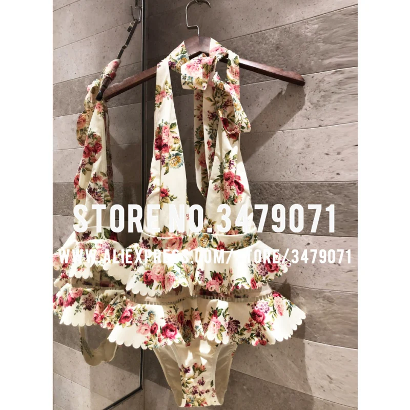 

Floral Print V-neck Cake Skirt Style One Piece Swimsuit 2019 Resort Bohemia Sexy Hanging Neck Leading Knot Swimsuit