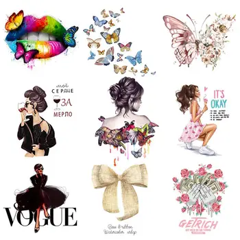

Sexy Lips Thermo-sticker On Clothes Butterfly Girl Applique Iron On Transfer For Clothing Flower Patch Fashion Women Stripe DIY