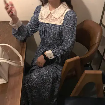 

Women Vintage Dress Elegant Patchwork Lace Turn Down Collar High Wasit Korean Style Robe Femme Foral Print Lady Long Dresses