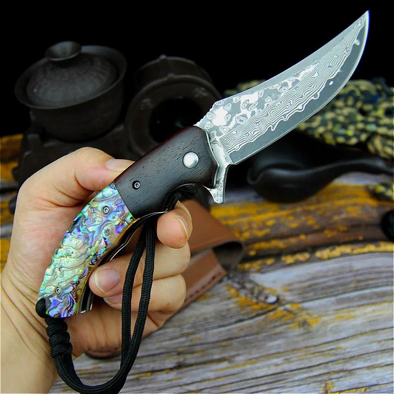 

High-end VG10 Damascus steel large bowe folding knife outdoor sharp hunting knife collection knife + high quality leather case