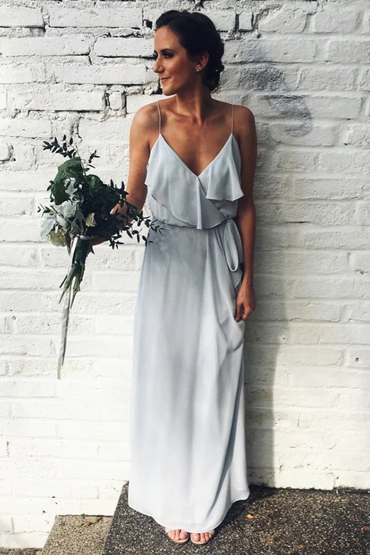 

Light Gray Spaghetti Straps V Neck Bridesmaid Dresses Chiffon Maid of Honor Dress for Wedding Party