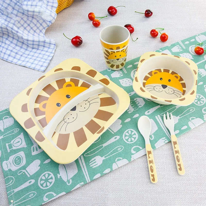 

5Pcs/Set Cartoon Animal Plate+Bow+Fork+Cup Baby Dinnerware Feeding Set Bamboo Fiber Baby Lovely Children Container Tableware Set